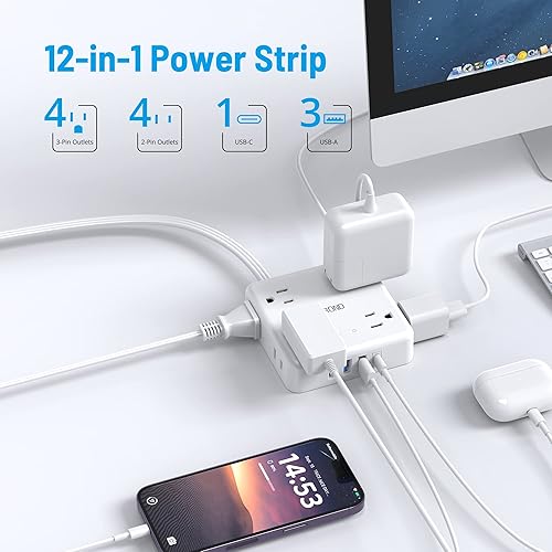 Miniatura 4 de TROND Regleta de alimentación de enchufe plano con 3 puertos USB-A y 1 puerto USB-C, 8 tomas de corriente amplias + cable de extensión ultra delgado