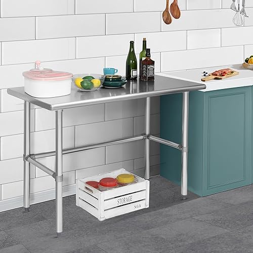 Miniatura 7 de Hally - Mesa de acero inoxidable de base abierta de 24 x 48 pulgadas, mesa de trabajo y preparación comercial resistente NSF con patas galvanizadas
