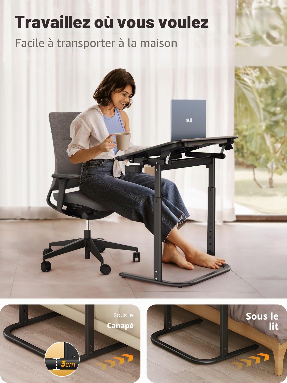 SAIJI de bureau, table de bureau stable, réglable en hauteur, avec support pour livre, tiroir, crochet pour sac à dos, style moderne, pour étude, travail avec ordinateur portable, manger, classe en