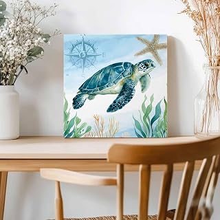 Canvas Wall Art Sea Turtle Painting on Canvas Marine Life Compass Starfish Wall Decor for Living Room Bedroom Bathroom Artwork Decorations Ready to Hang 8"x8"