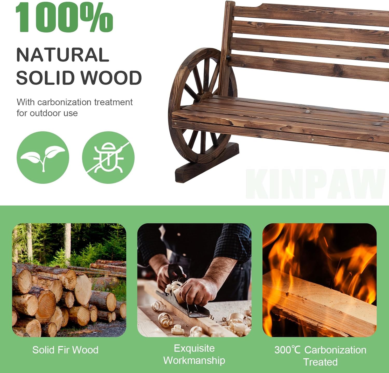 Kinpaw Rustic Wooden Wagon Wheel Bench 3-Person Fir Wood Seat Bench with Backrest for Bench Patio Garden Patio Furniture