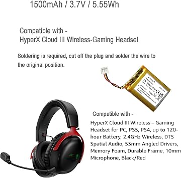 AOLIKES 1500mAH 3.7v Battery Replacement for Corsair HS80 MAX Wireless Gaming Headset, Compatible with - HyperX Cloud Alpha/Cloud II/Cloud III Wireless-Gaming Headset