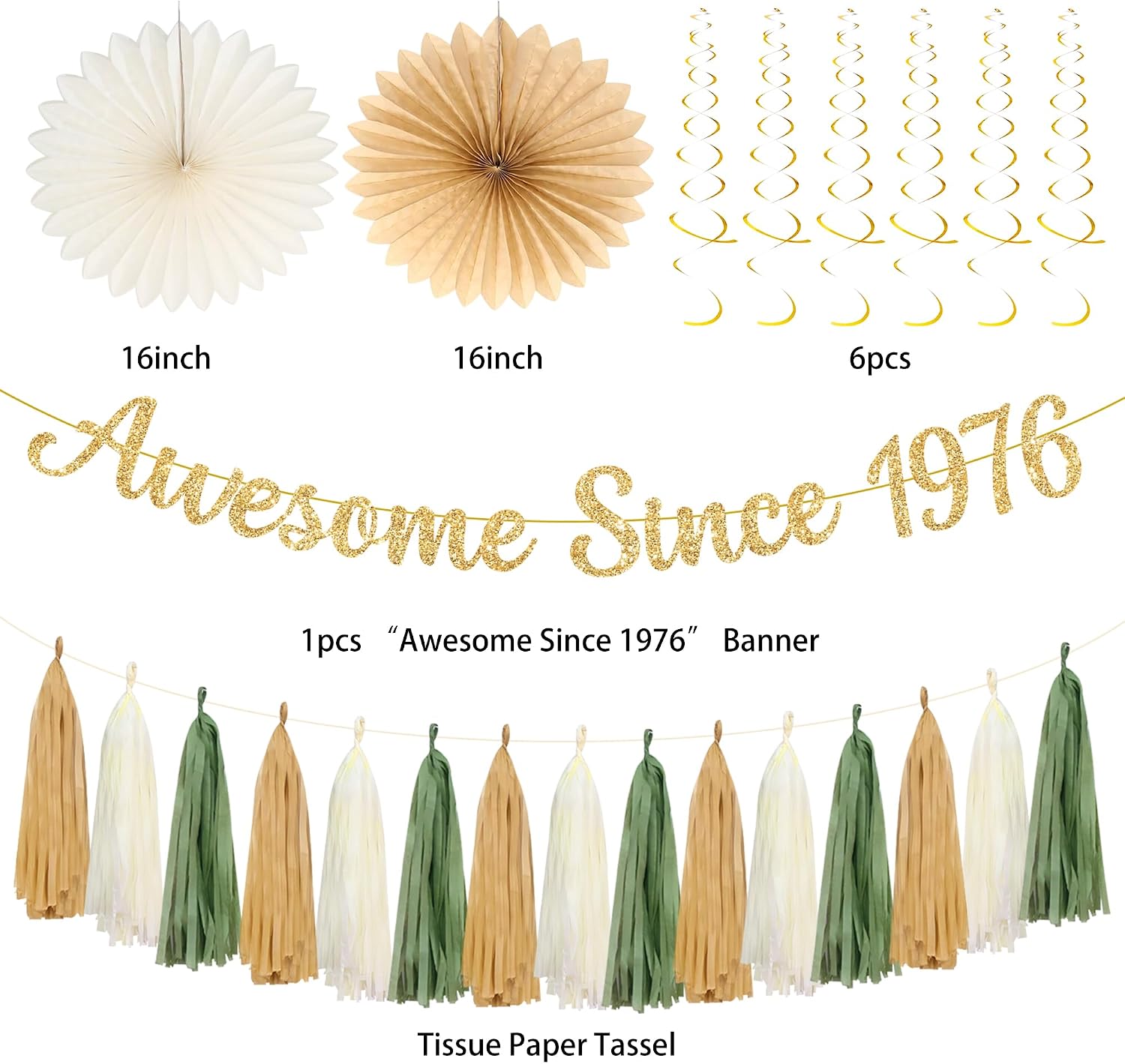 Roetyce 50th Birthday Party Decorations, Green Gold Glitter Awesome Since 1976 Banner Photo Background for Women Men, Sage Green Cheers to 50 Years Backdrop Pompoms Paper Fans Party Supplies Dad Mom