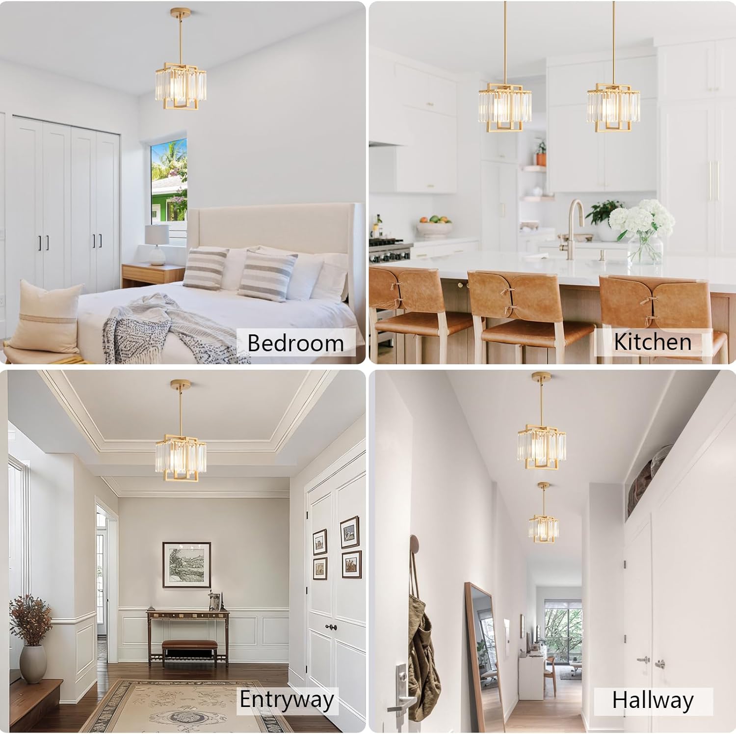Gold Pendant Light Kitchen Island, 1-Light Modern Crystal Pendant Light Foyer Lighting Fixture Adjustable Small Pendant Lighting for Dining Room Entryway Hallway Bedroom Living Room
