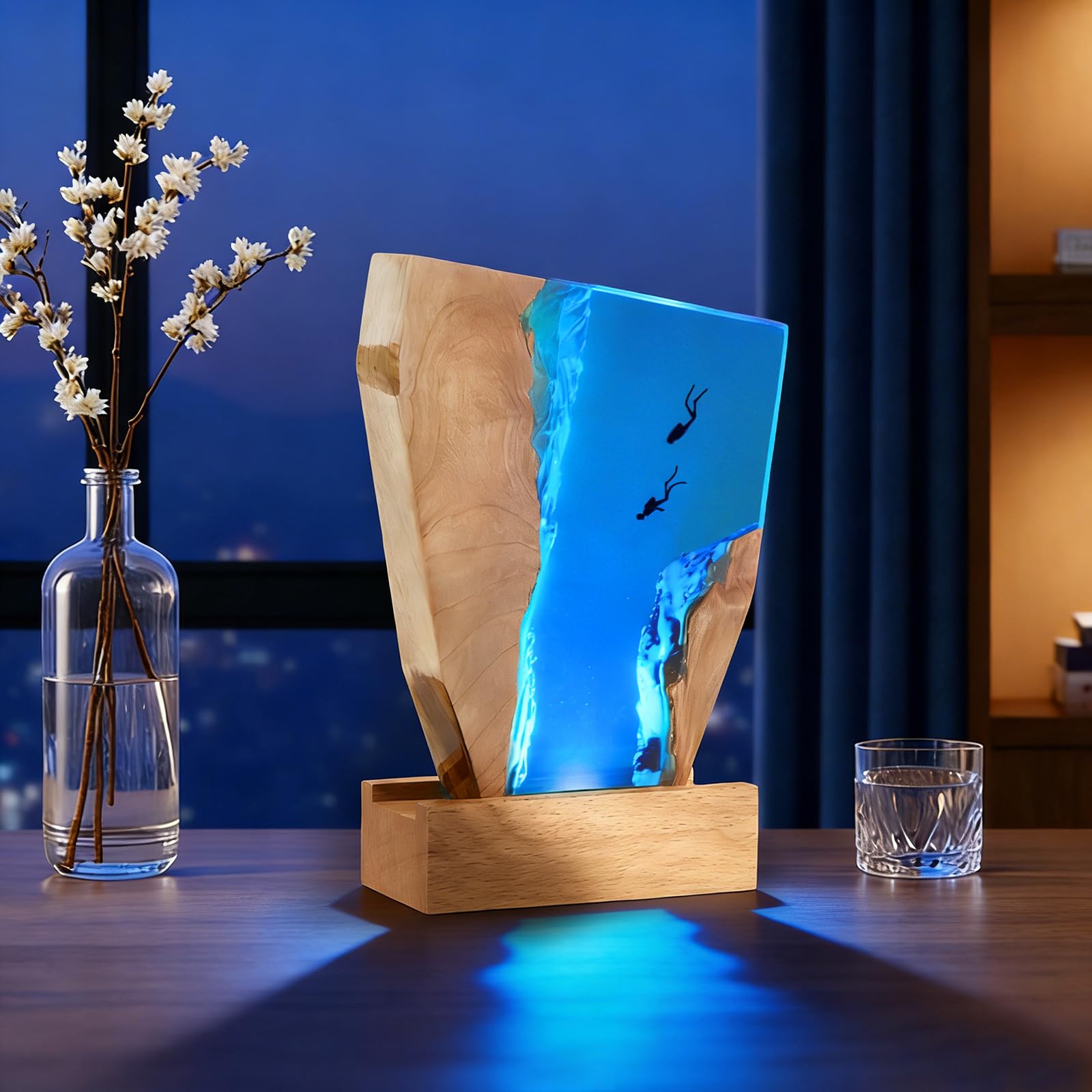 Luce Notte Resina, Luce Lampada Notturna 3D Oceano in Resina, Lampada Oceanica LED Subacqueo Base in Legno, Epossidica Paesaggio Sottomarino, Decorazion per Cameretta Soggiorno Ufficio