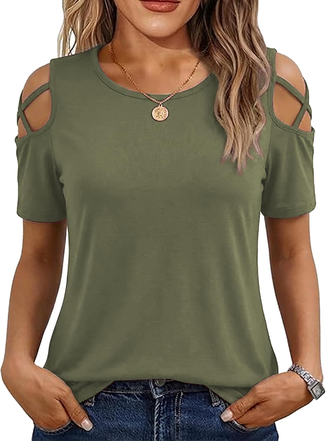 Jar of Love Women's Short Sleeve Cold Shoudler Tops T-Shirts for Women Spring Summer Tops Loose Fit Tunic 2026