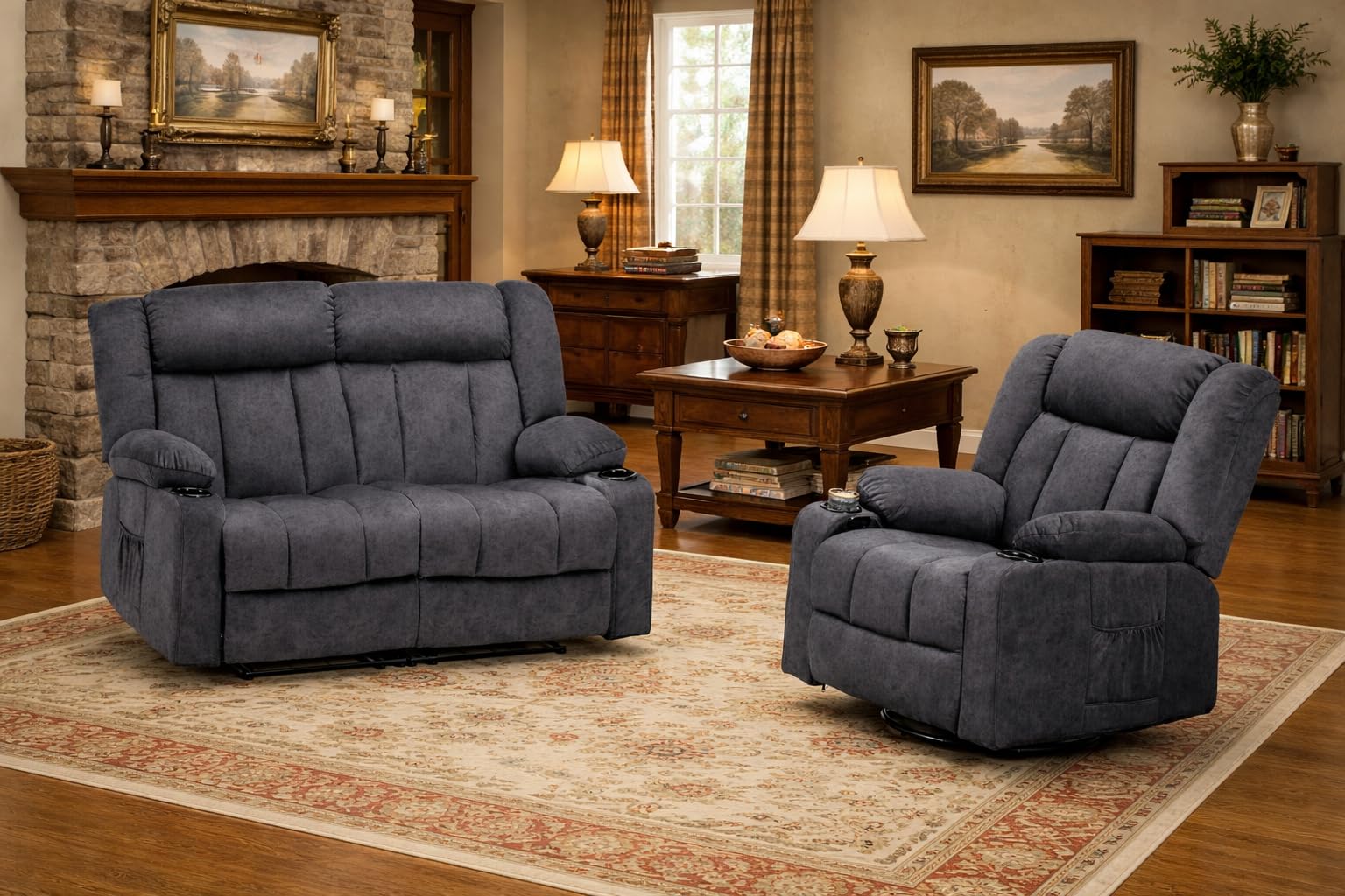 LUCKLIFE Recliner Sofa Set with Manual Recliners,Living Room Furniture Set with Reclining Couch,Loveseat and Armchair,Breathable Fabric Upholstery,