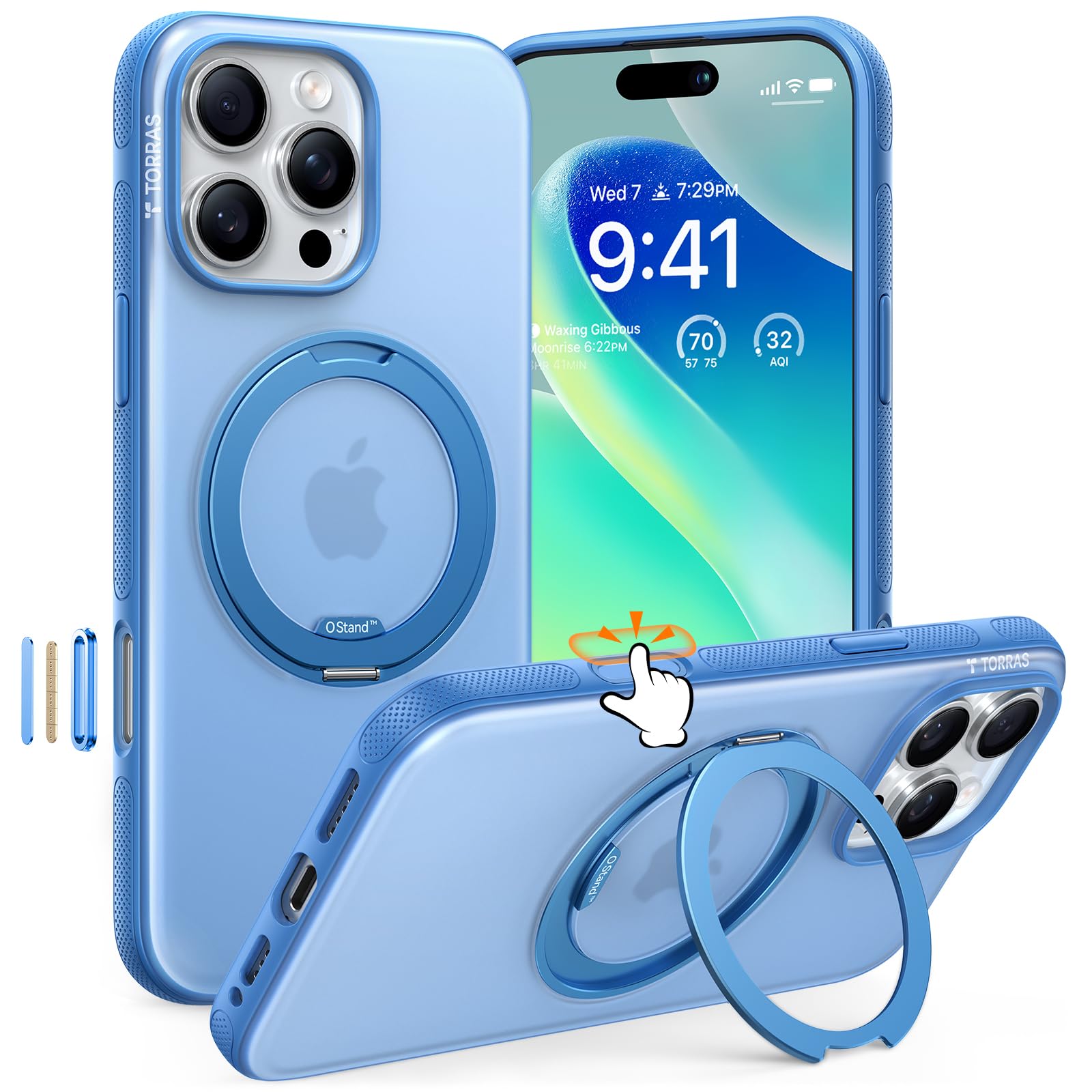 TORRAS 360° Ostand O3 Fitness für iPhone 16 Pro Hülle für MagSafe [Flexibler Ständer & Nr.1 Magnetkraft & Zertifiziert Militärischer Schutz] Hülle iPhone 16 Pro Case Venezianisch Blau
