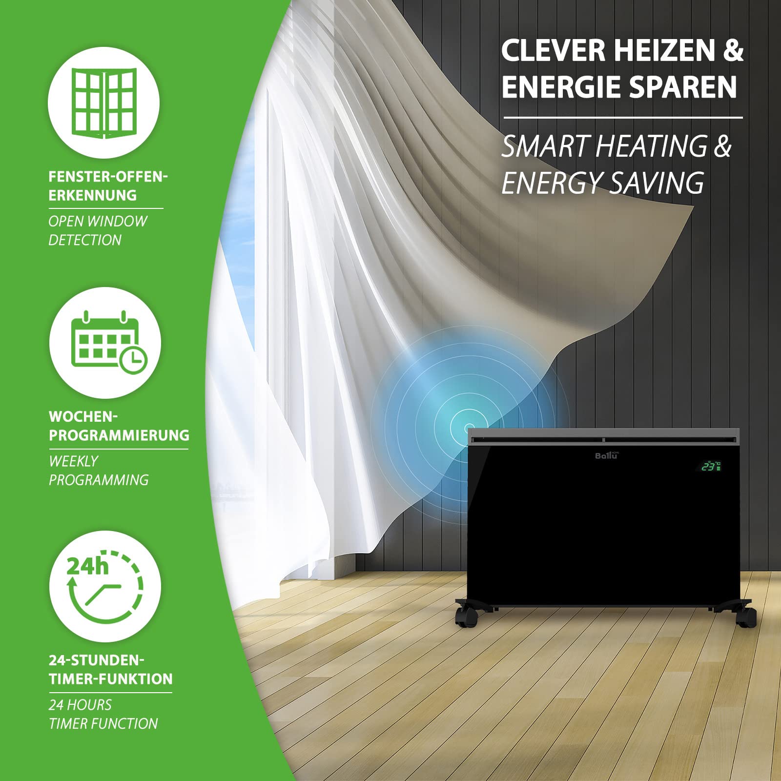 Mi-Heat Ballu Plaza ogrzewanie konwektorowe, montaż ścienny, 2000 W – grzejnik konwekcyjny, konwektor, konwektor, grzejnik elektryczny