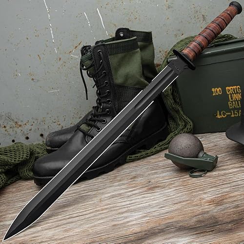 Miniatura 8 de Espada de combate de doble filo de EE.UU. 1942 y funda de hombro de nailon, hoja de acero inoxidable AUS-6, mango apilado de cuero, protector de