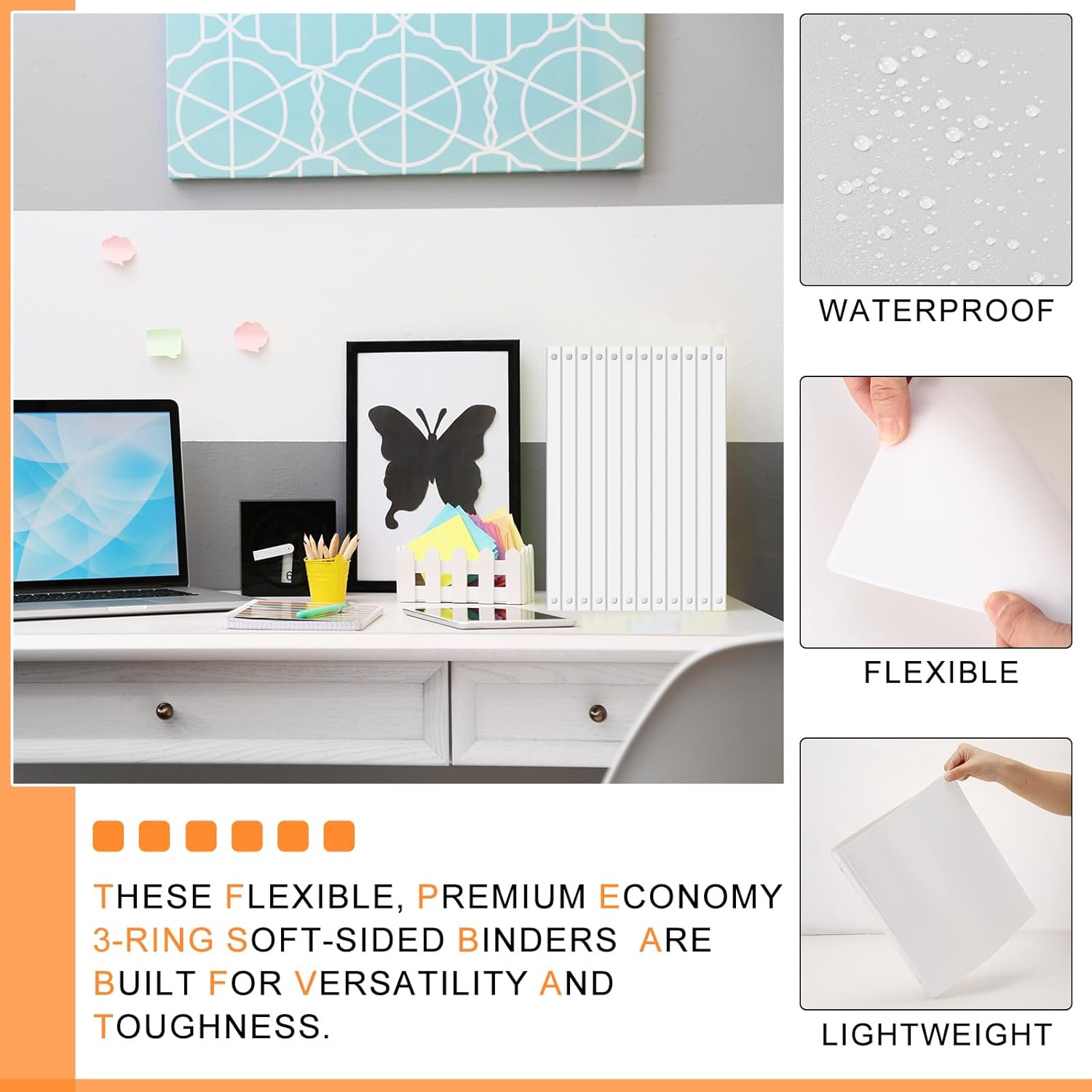 Fulmoon 24 Pcs 3 Ring Plastic Binders Bulk with 2 Pockets Flexible Binder with Transparent View Cover Plastic Binder for Home Office(1 Inch,White)