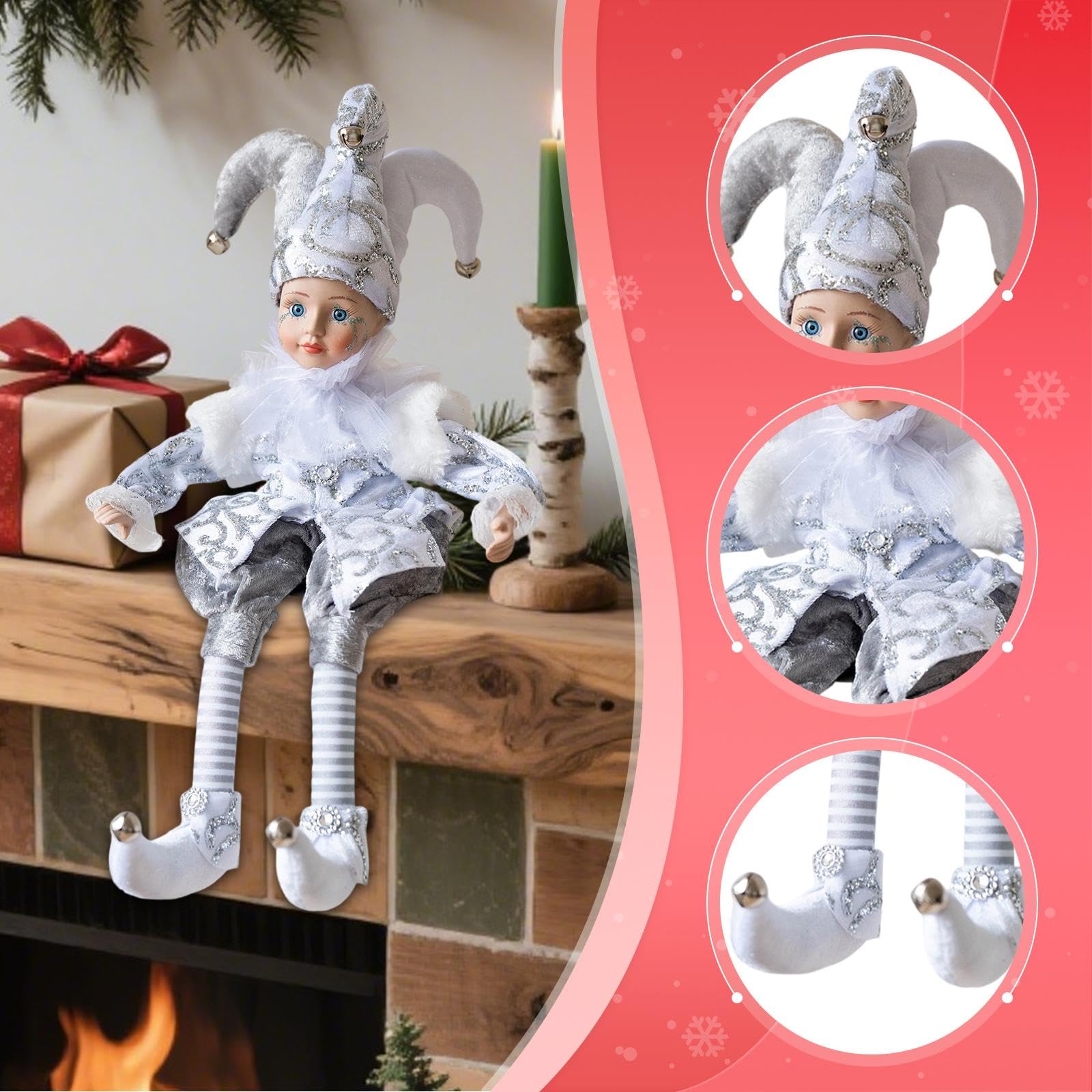 Milageto Muñeca navideña Decorativa, Figura navideña, Regalo de, Suave y Adorable, payasita con Cabeza Que se Mueve, para Chimenea, Mesa, Plata