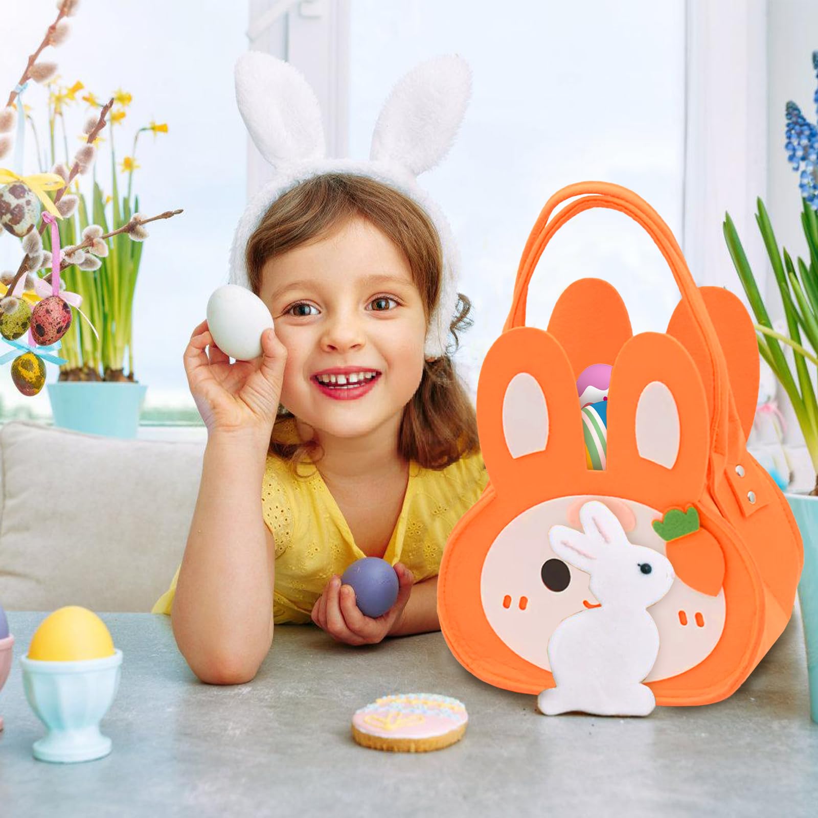 ZoneYan 3 Cestini Pasquali In Feltro A Forma Di Coniglio, Colori Pastello, Per Uova E Dolciumi – Decorazioni Pasqua - 3