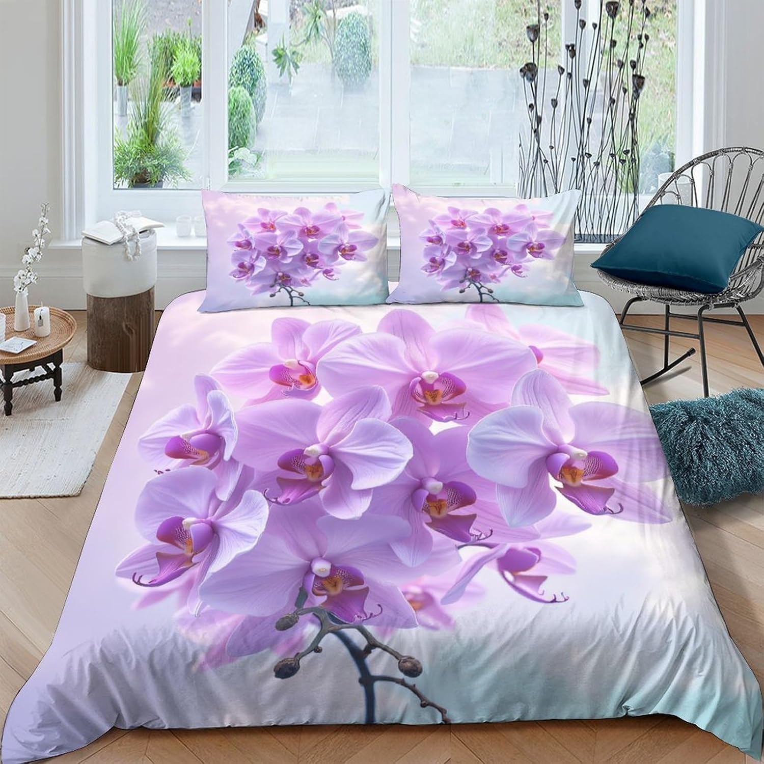 Funda Nordica Cama 135/150 Orquídea Phalaenopsis Ropa de Cama 3D Flores MoradasMicrofibra Suave 3 Piezas Include 1 Fundas Nórdica 135x200 cm y 2 Fundas de Almohada 50x75cm E-520