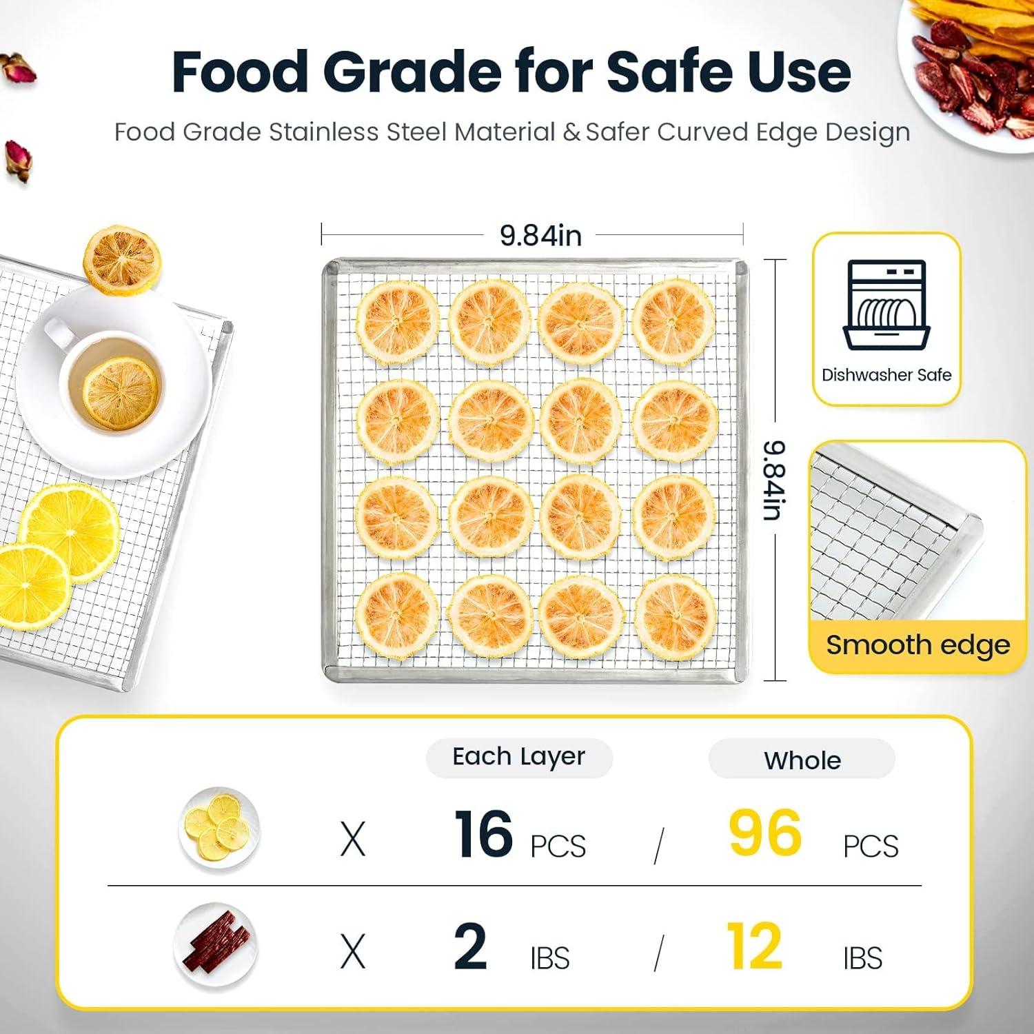 Food-grade stainless steel trays of the COLZER DBC-06B dehydrator, showing dimensions and capacity for lemons and jerky.