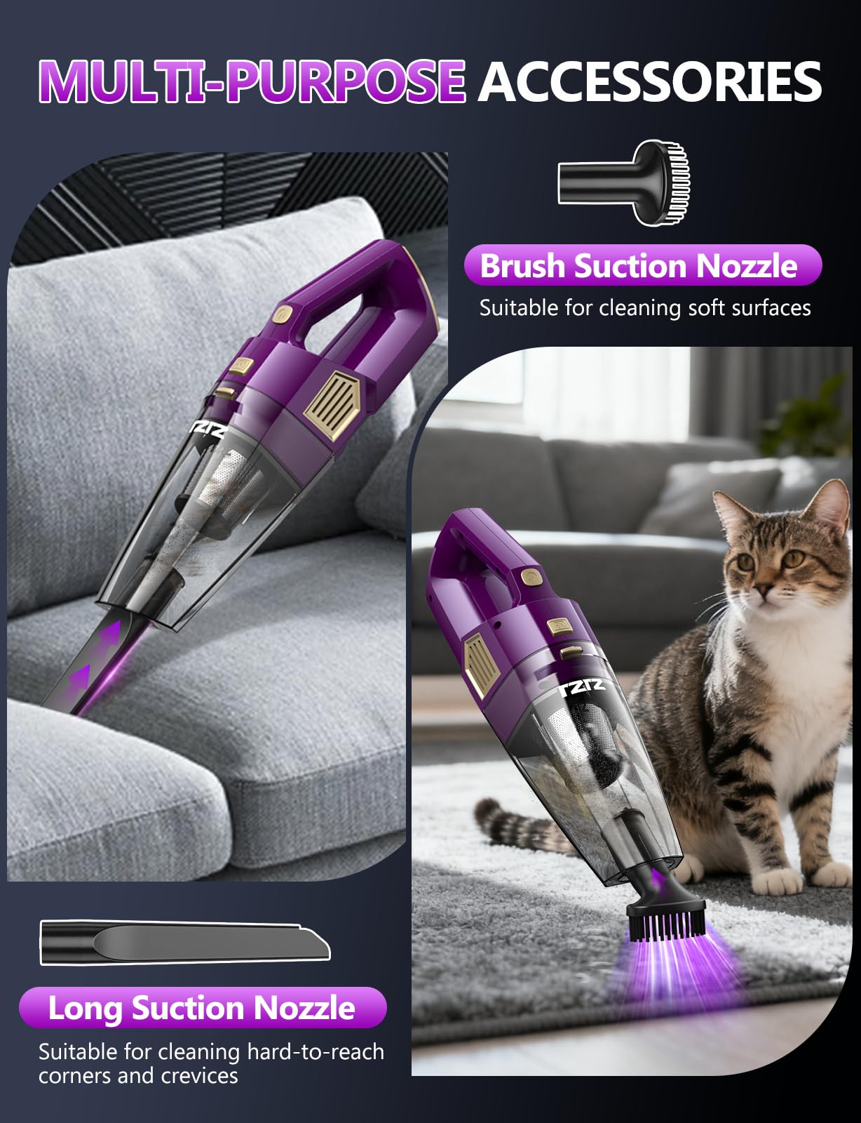 ZJZJ Handheld Vacuum Cordless, 15000PA Powerful Suction Hand Held Car Vacuum Cleaner Rechargeable with Multi-Nozzles & Washable Filters, High Power Lightweight Dust Busters for Home, Pet, Car, Office