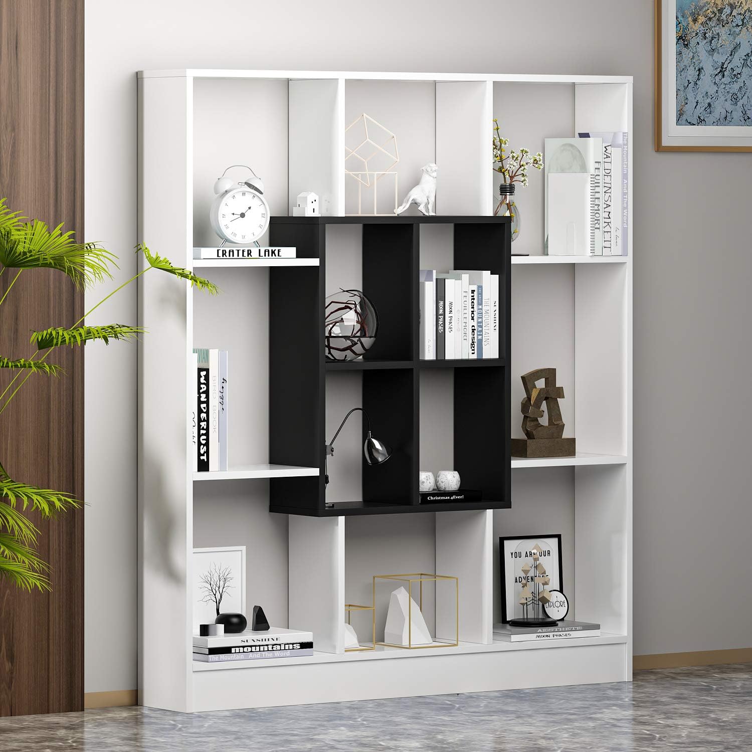 HOMIDEAMARS Bookcase - Bookshelf - Shelving Unit - Room Divider for living room or office in modern design (White/Black)
