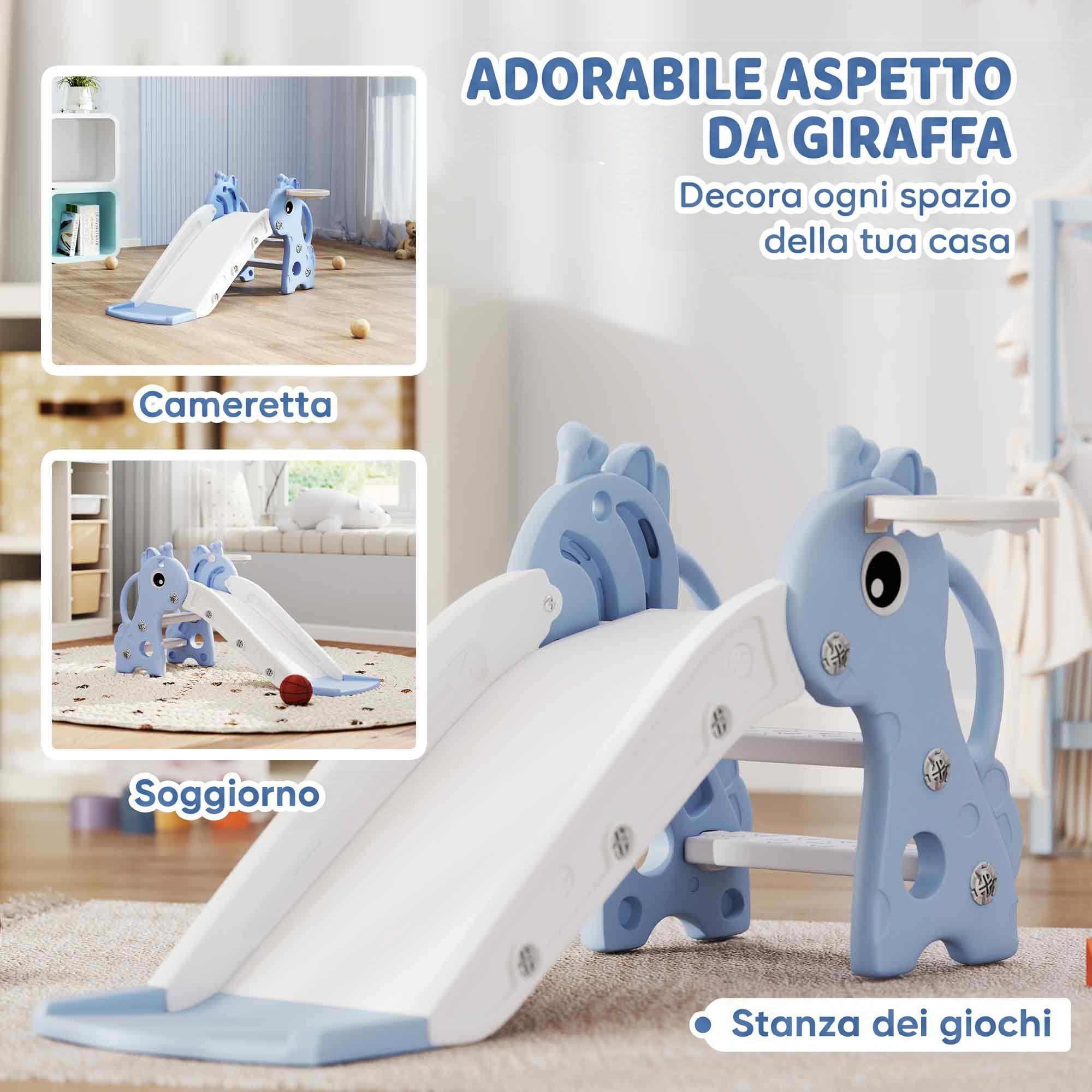 AIYAPLAY Scivolo per Bambini con Scaletta Canestro da Basket, 1-3 Anni Blu | Con Pallone, Set di Scivolo in Plastica con Design Giraffa, Corrimano Laterali, per Interno ed Esterno