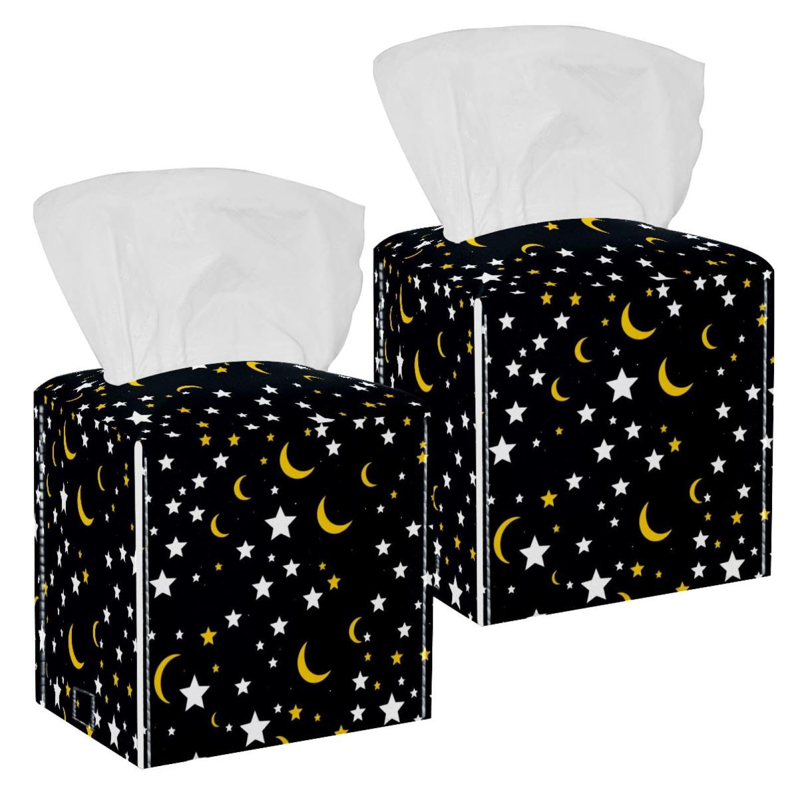 Stars and Moon Tissue Box Cover, 2 Pack PU Leather Square Facial Tissue Dispenser Box holder for Home Office Car