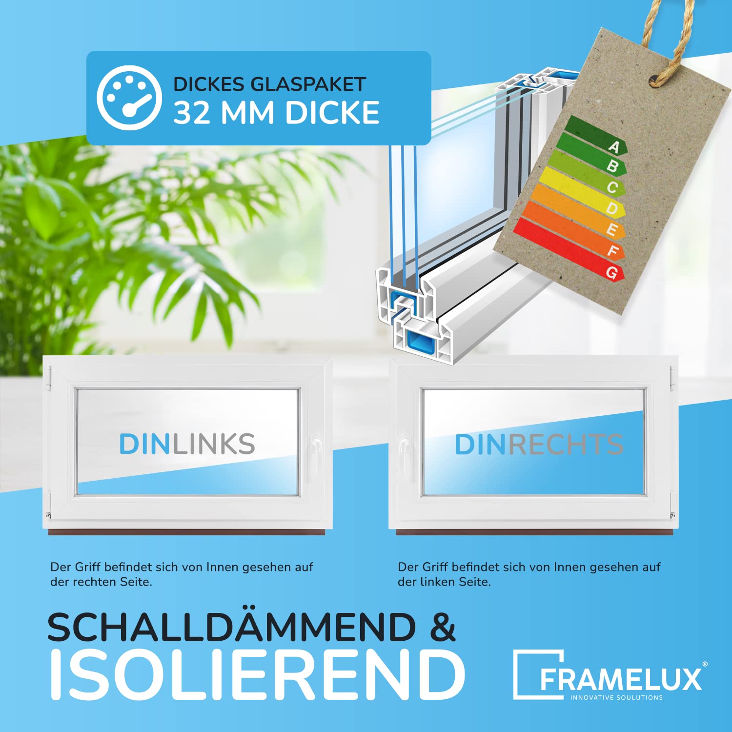Kellerfenster Kunststofffenster weiß, BxH: 60 x 40 cm / 600 x 400 mm 2-fach Verglasung (32 mm) Dreh-Kipp inkl. Pilzkopfverriegelung, DIN Rechts (Griff Links), 60 mm Profil