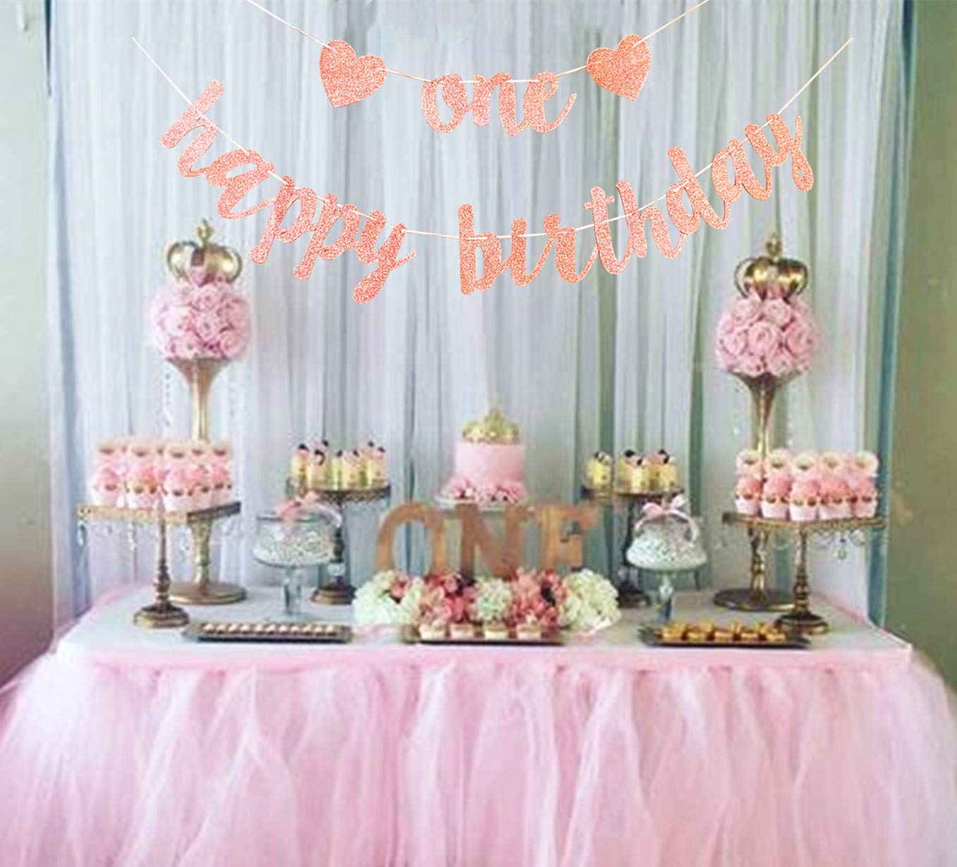 Striscione Per 1° Compleanno Bambina "One Happy Birthday" - Decorazione Oro Rosa Con Glitter