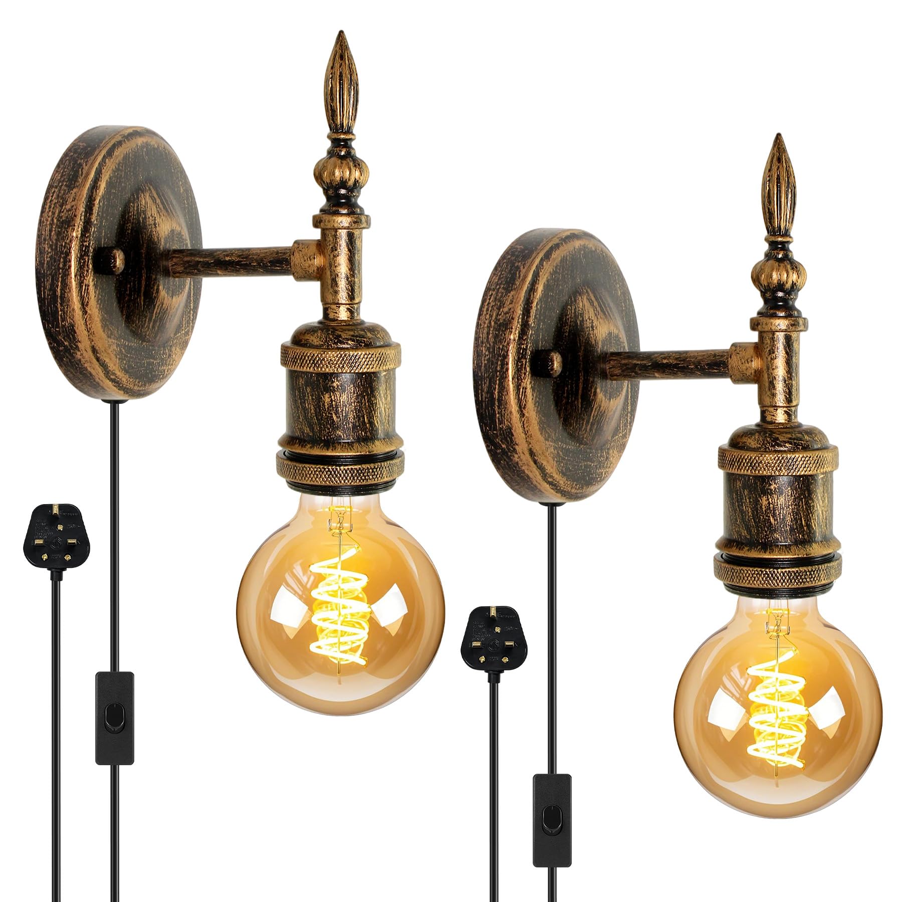 2 Pack Plug in Wall Light for Bedroom, Industrial Wall Light with Switch and 220CM Cable, Retro Metal Adjustable Wall Sconce for Bedside, Up and Down Installation, Can Install Lampshade(No Bulb)