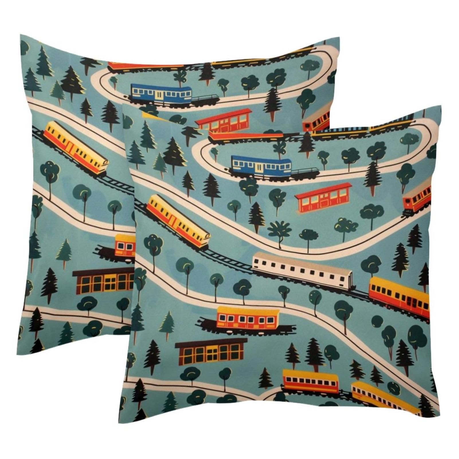 Housse de coussin en velours 50x50 cm motif train de campagne lot de 2