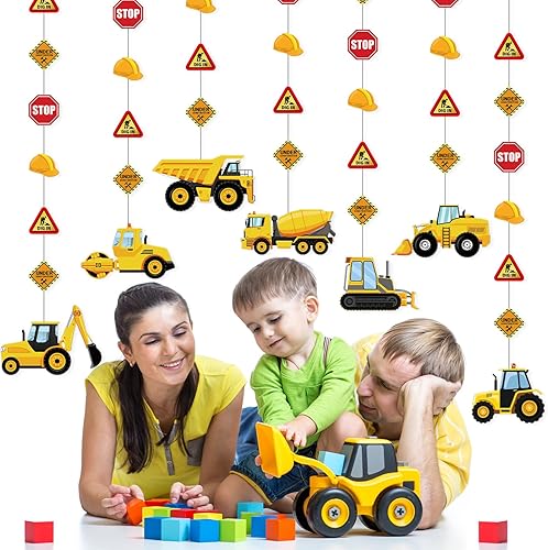 Miniatura 7 de Faccito Paquete de 8 pancartas de construcción para fiestas, decoración de zona de tráfico, guirnalda de papel de cumpleaños, recortes colgantes