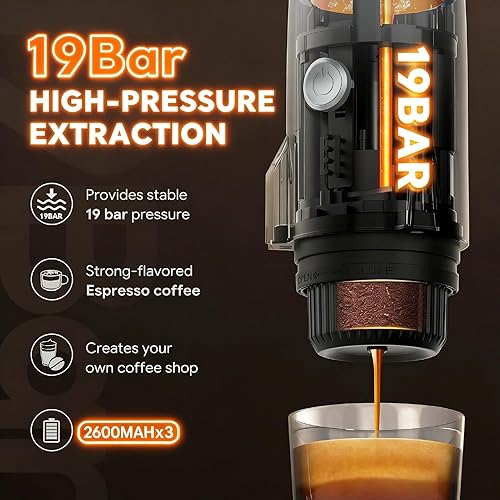 Miniatura 5 de Cafetera eléctrica portátil de café expreso, cafetera de viaje para camping, autocalentamiento 3 en 1, para café molido y cápsulas DG NS para Gris
