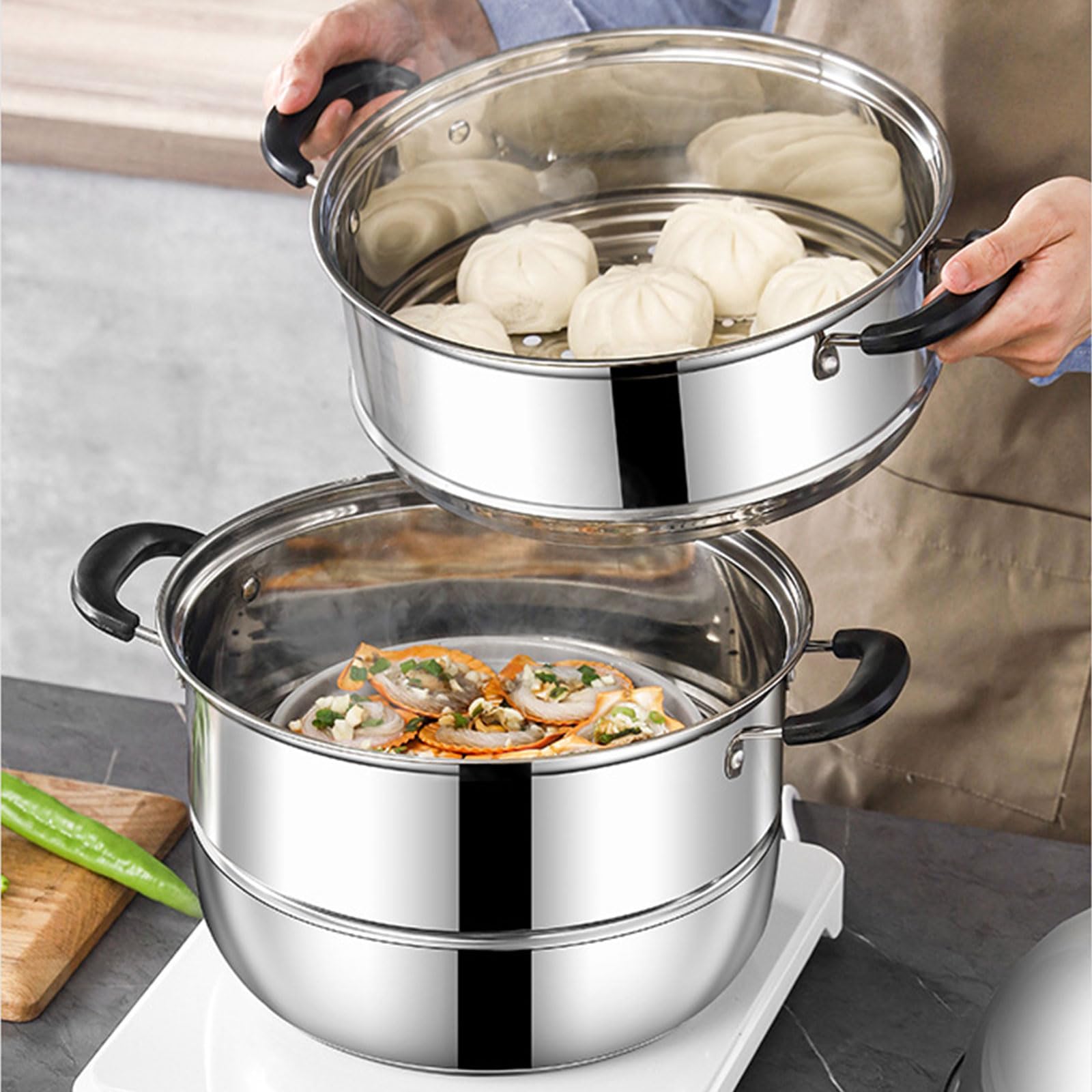 Mehrzweck-Dampftopf mit 3 Etagen, Dampfgartopf aus Edelstahl mit Deckel, geeignet für Gemüse, Knödel, Suppen, Eintöpfe und Nudeln (11,8 Zoll)
