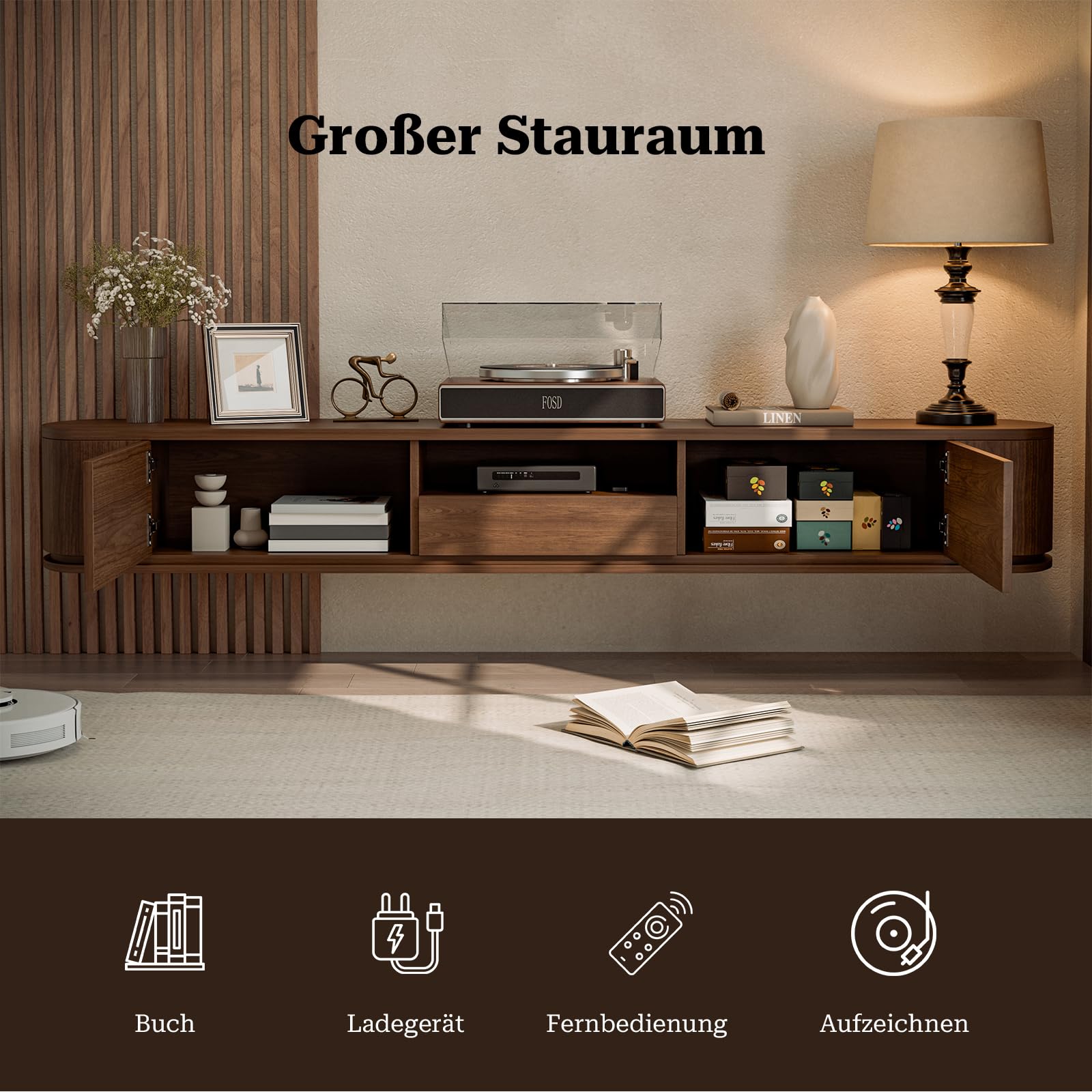 IKIFLY Moderner Schwebender TV-Schrank, Wandmontiertes Unterhaltungsmöbel Mit Schubladen und Zwei Schränken, Walnuss,180cm