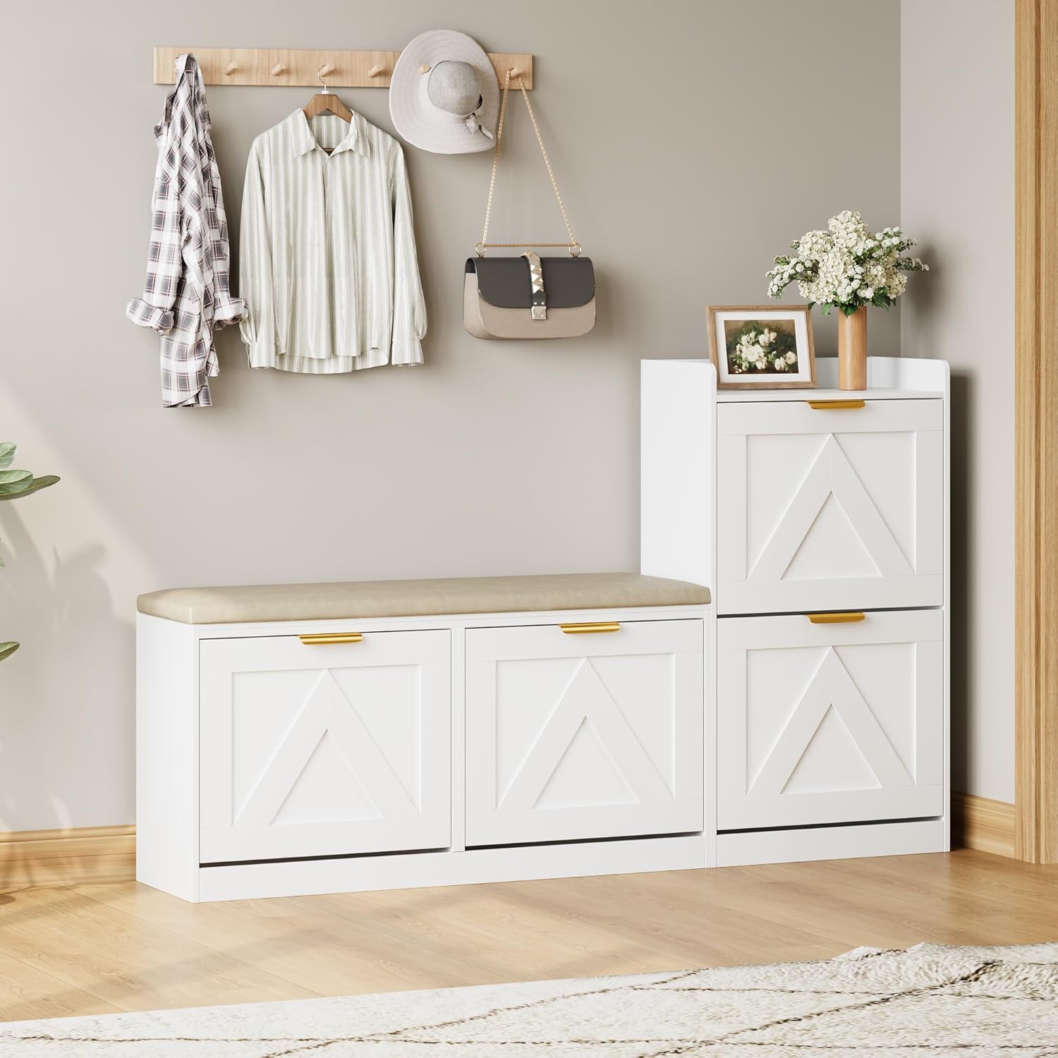 Garvee Shoe Storage Cabinet with Cushioned Bench: 4 Flip Drawers, Adjustable Shelves for 35-40 Pairs, White Entryway Organizer