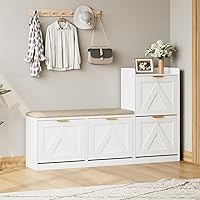 Garvee Shoe Storage Cabinet with Cushioned Bench: 4 Flip Drawers, Adjustable Shelves for 35-40 Pairs, White Entryway Organizer