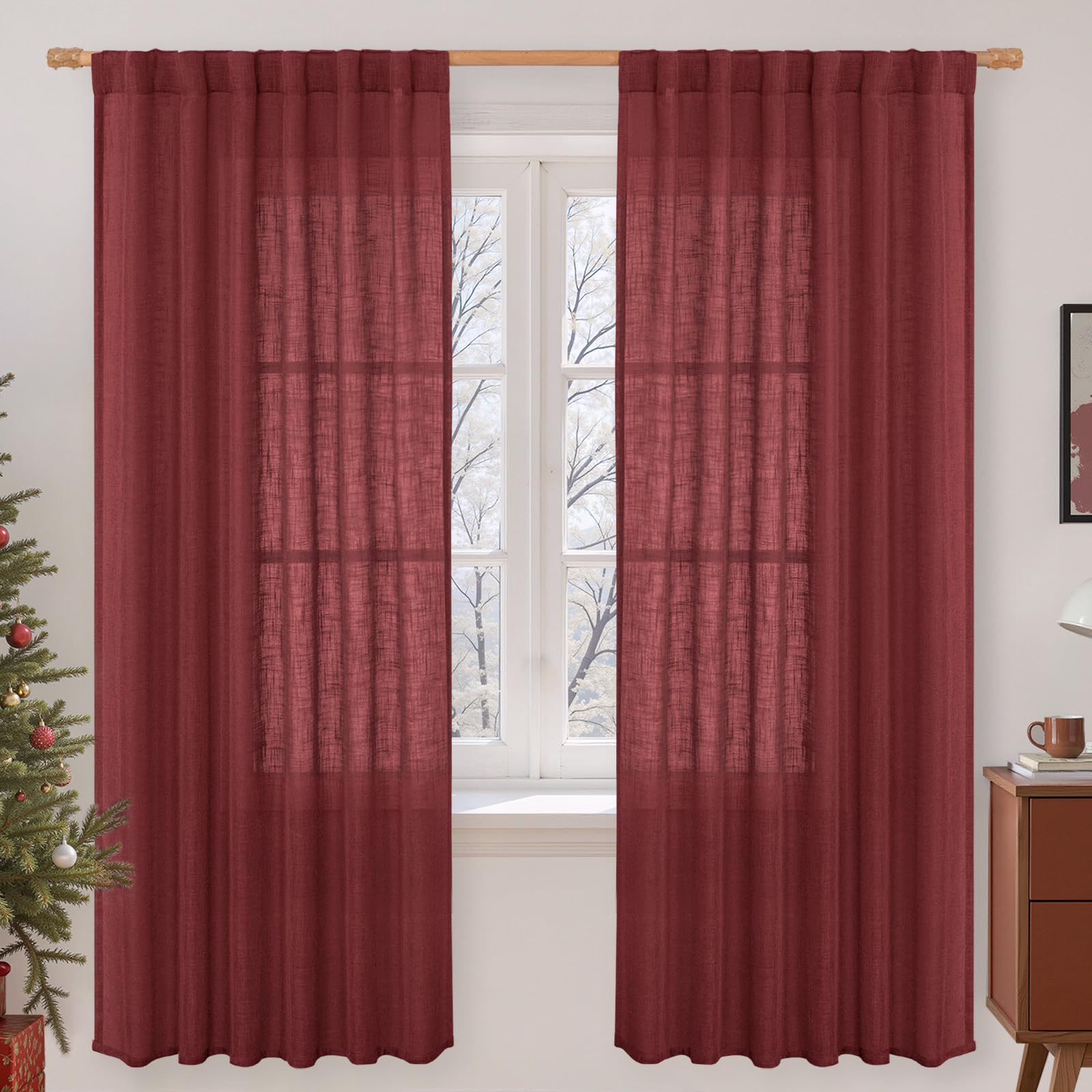 LAMIT 72 inch Red Linen Curtains for Living Room 2 Panels, Linen Textured Light Filtering Semi Sheer Back Tab and Rod Pocket Curtain Panels for Bedroom/Farmhouse, Burgundy Red, 52 x 72 Inch