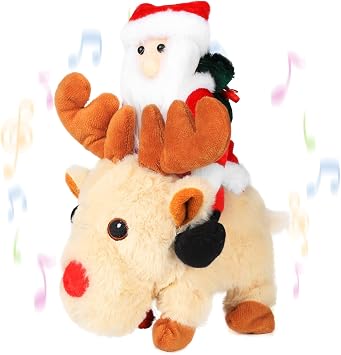 Musical Animated Santa Riding Reindeer Plush Toy, Singing & Walking Christmas Toy, Dancing Santa Claus with Music, Moving Holiday Decoration for Kids Xmas Gift Yellow