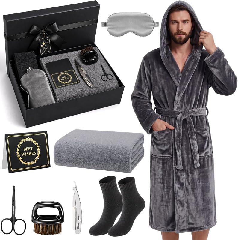 Kit de cuidados para barba Bunnycool com roupão, toalhas e acessórios, cinza-escuro, 9 unidades