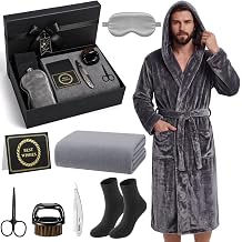 9 Pcs Birthday Gifts for Men Beard Care Set for Him Father's Gifts Basket Kit Get Well Soon Gift Basket with Hooded Robe, Long Towel, Socks for Dad Grandpa Husband Boyfriend(Dark Grey)