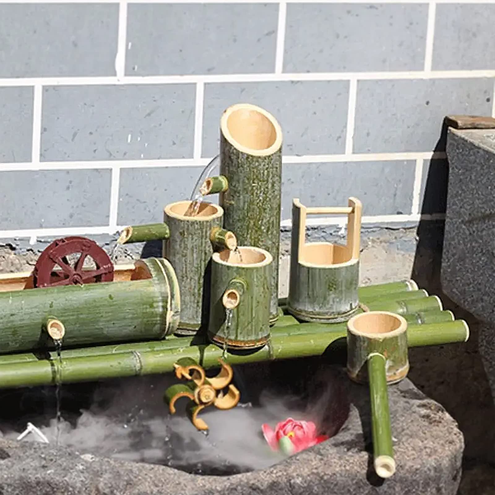 Solar-Wasserbrunnen für den Garten, solarbetriebenes Bambusrohr, fließendes Wasser, Dekoration, Pumpwagen, Landschaft ohne Stecker, Landschaftssteinhandwerk, 50 cm, 55 cm