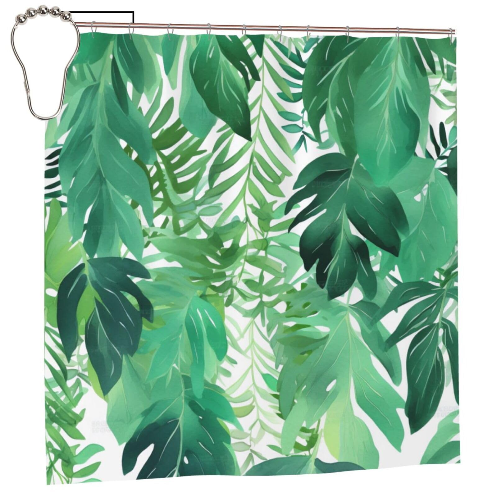 BWWHCCTI Tropical Green Leaves Printed Shower Curtain With 12 Iron Hooks Opaque Quick Drying Waterproof Shower Curtains Sets For Bathroom 183x183 CM