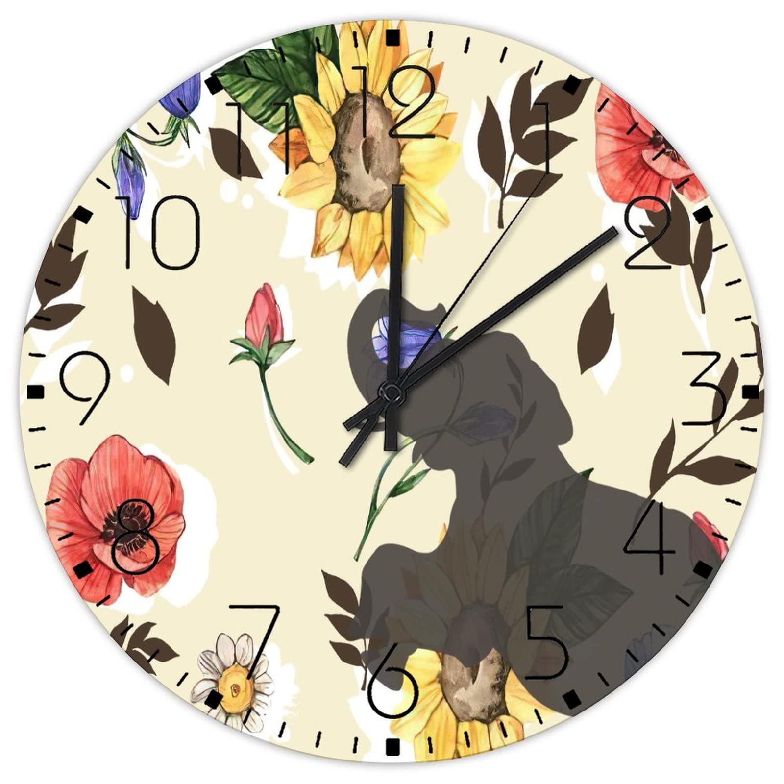 Horloge murale en bois 38cm motif éléphant aquarelle et fleurs pour déco de cuisine