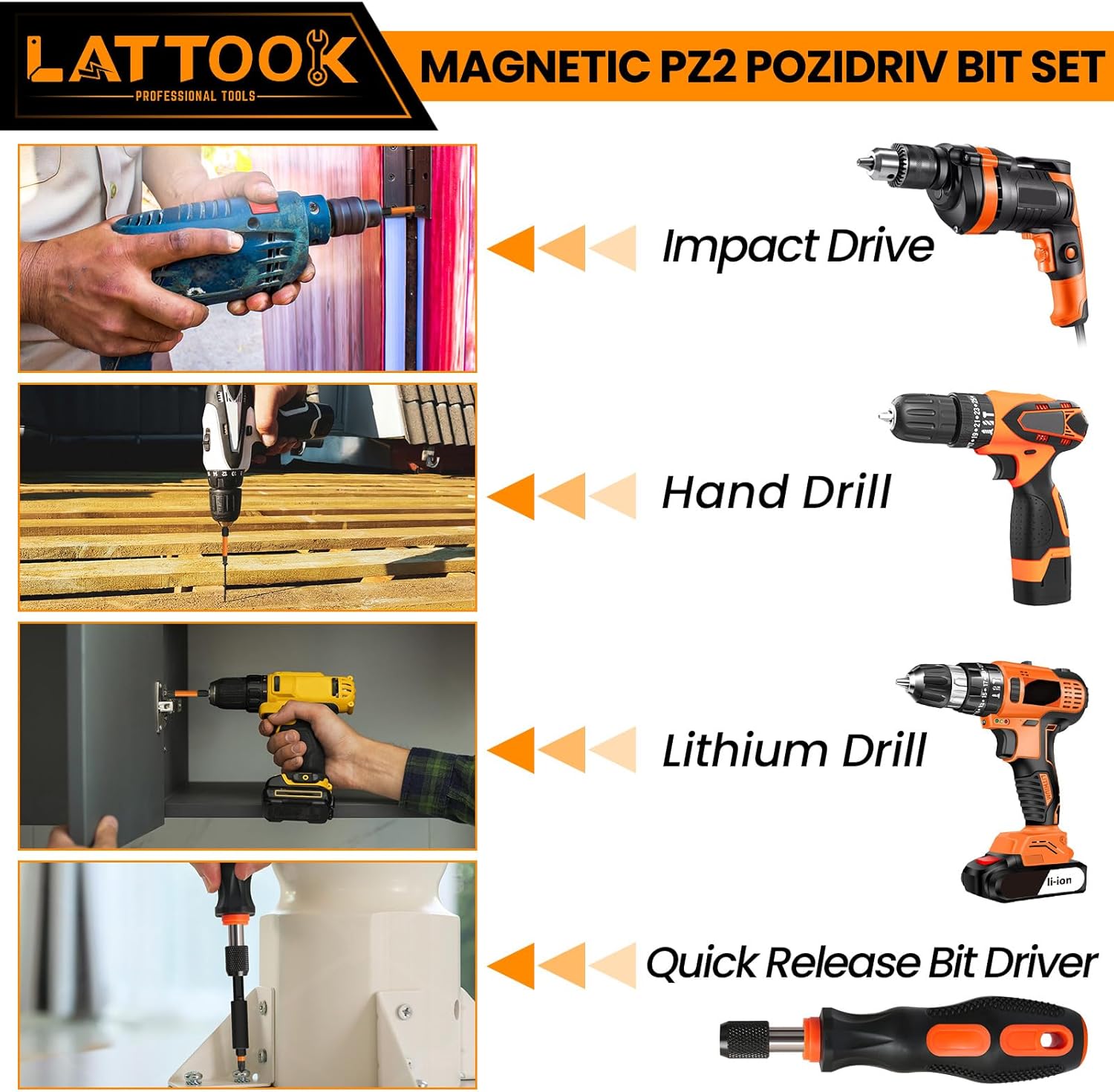 Pozidriv Bit Set with Quick Release Bit Driver, LATTOOK 6-Piece PZ2 Bits Pozi Pozidriv Screwdriver, S2 Steel with Magnetic, 2'' & 1'' Long
