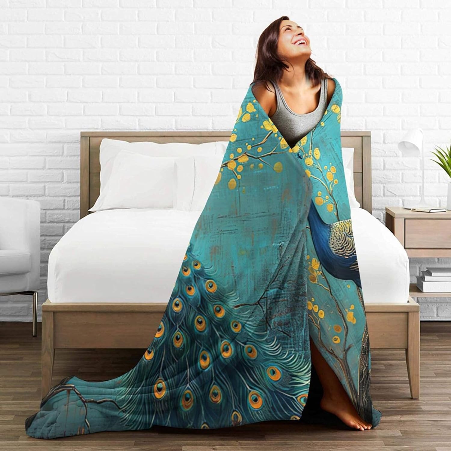 Peacock Blanket for Girl Woman Teal Peacock Throw Blanket Peacock Stuff Decor Merch Cozy Flannel Soft Warm Plush Lightweight Bedding Peacock Gifts for Boys Man Sofa Bedding Couch 80"X60"