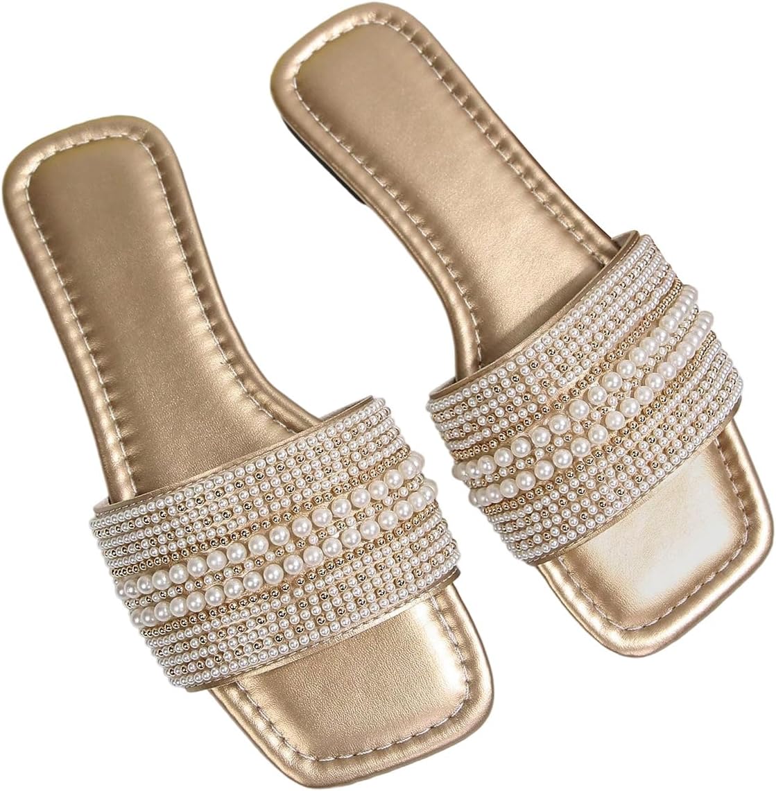 Verdusa Women's Rhinestone Slip on Dressy Sandals Vacation Square Open Toe Leather Prom Flats