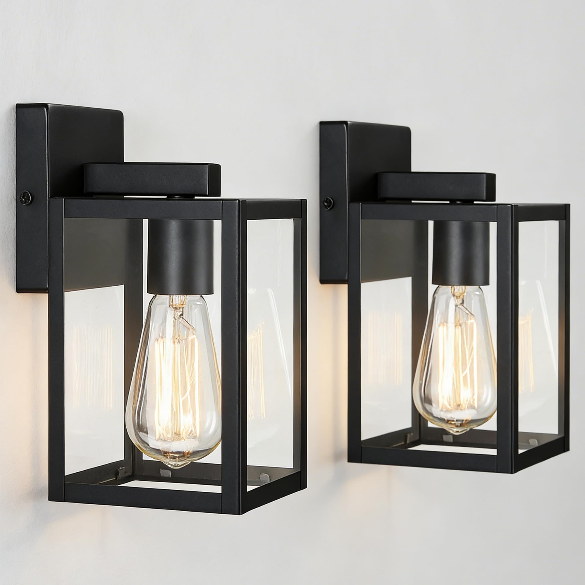 Faymart lighting 2 Pack Small Outdoor Sconce Lights,9 Inch Outdoor Wall Lantern Light,Exterior Sconce Metal and Glass Small Porch Light, Black Outdoor