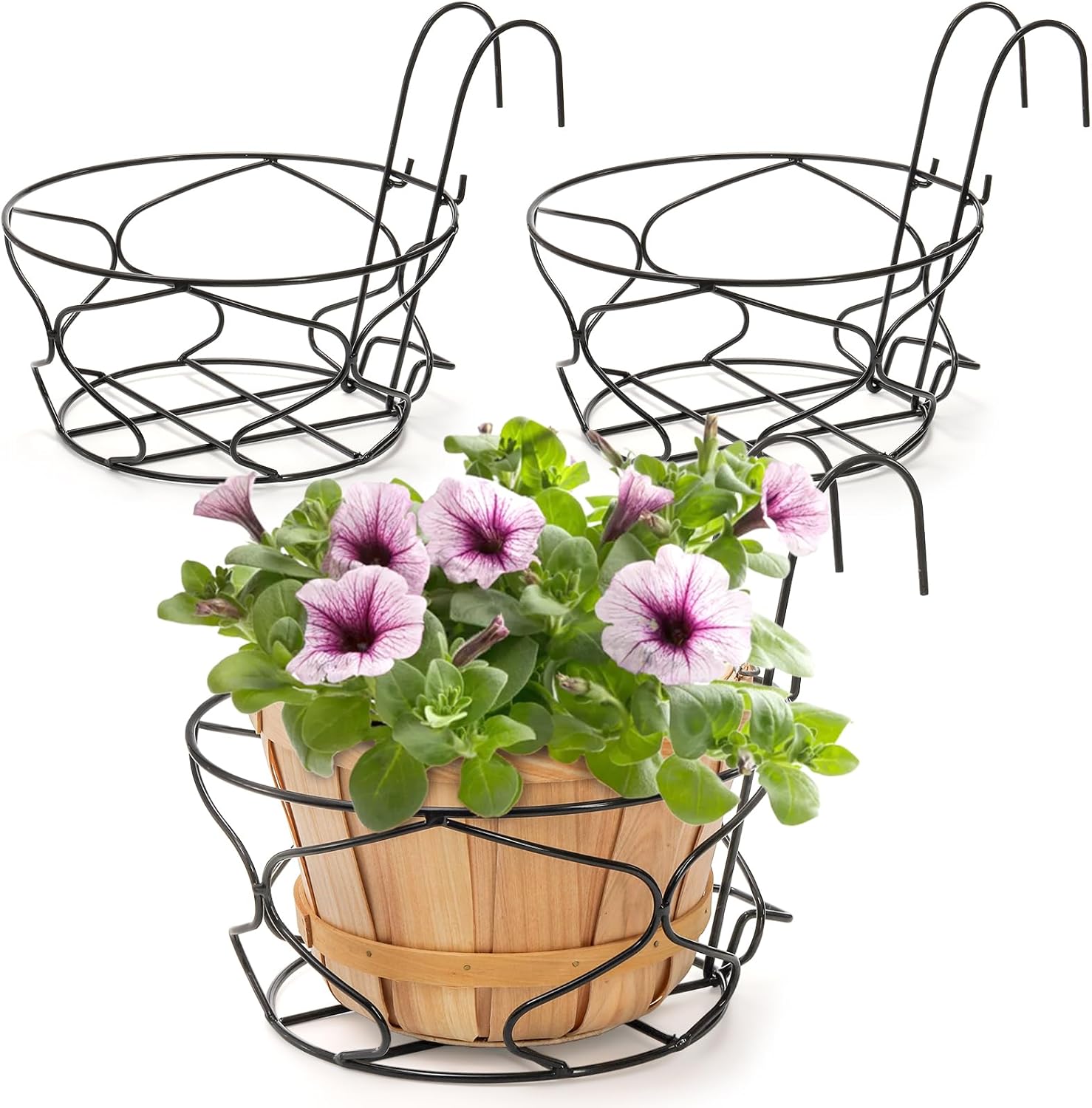 3 Pack 10" Hanging Railing Planters Basket, Round Iron Rack Fence Shelf, Metal Wire Flower Pot Holder, Plants Hangers with Detachable Hook for Balcony Garden Indoor and Outdoor (Black)
