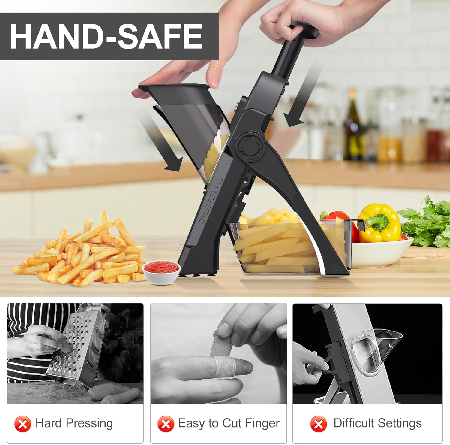5 in 1 Safe Mandoline Slicer for Kitchen, Safe Vegetable Chopper, Paring Knife, Adjustable Thickness, Easy to Clean, Vegetable Slicer, Slicing, Strips, Shredding, Dicing, Chop (Black Knight)