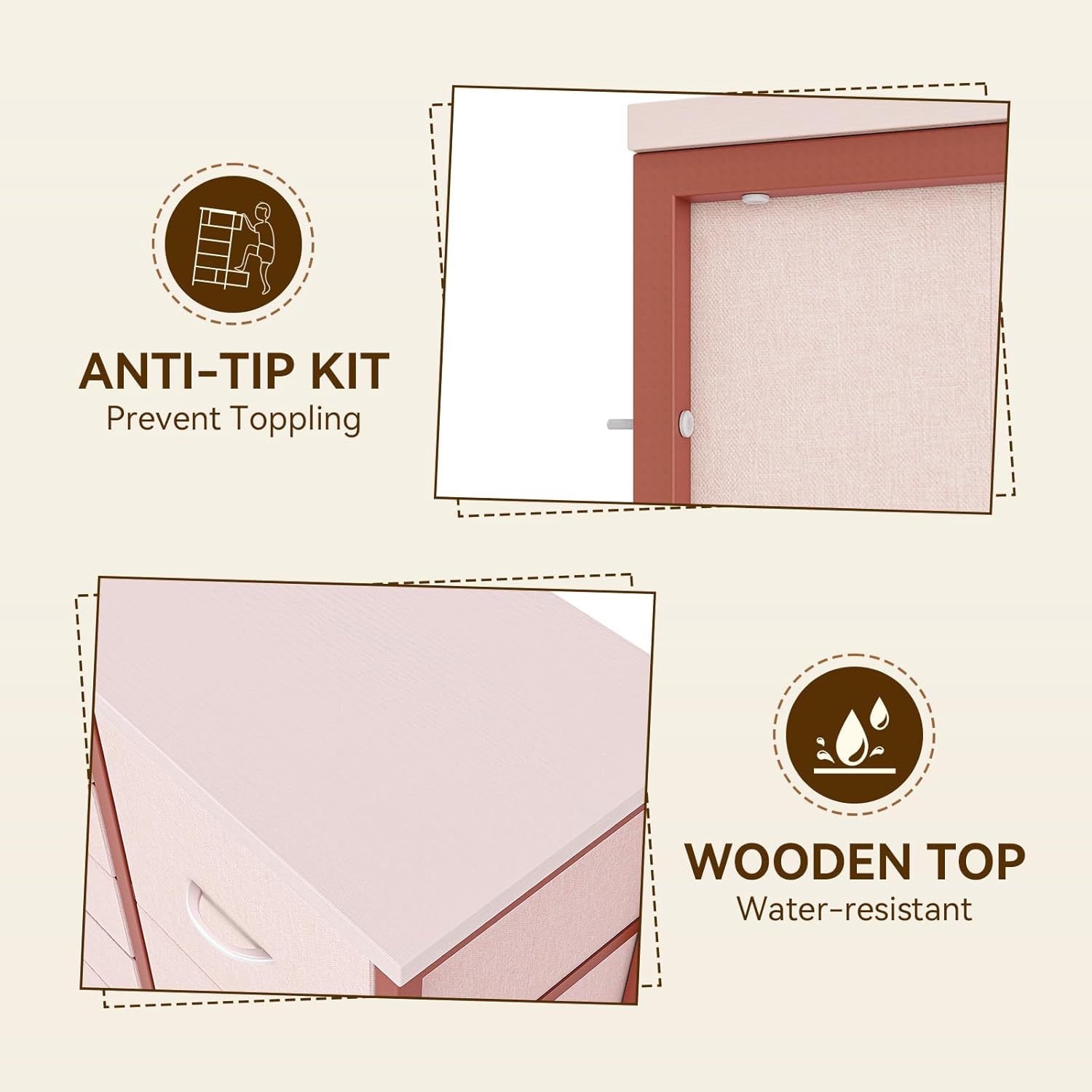 Close-up of the anti-tip kit and the water-resistant wooden top