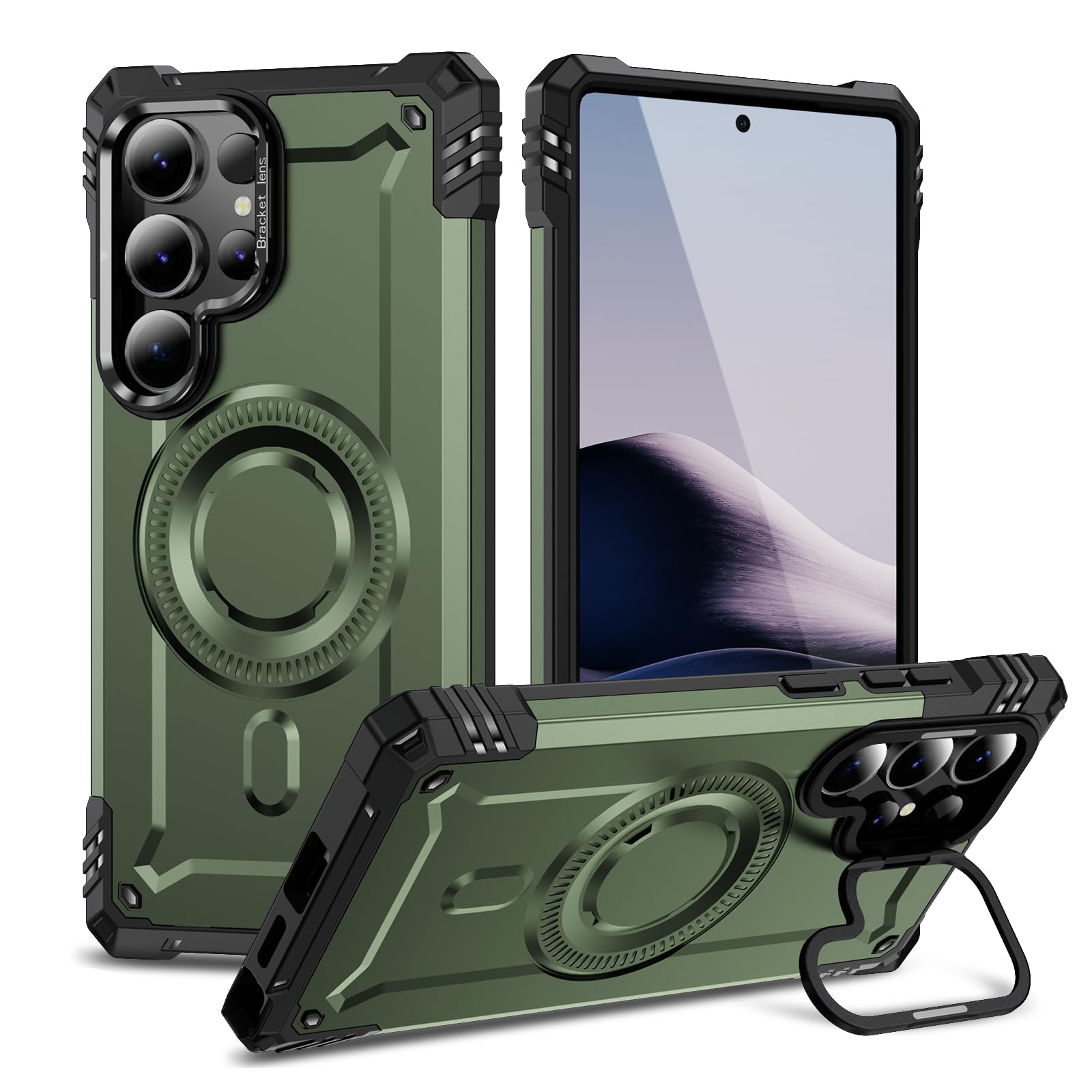 Magnetyczne etui do Samsung Galaxy S24 Ultra/S24 Plus/S24, wbudowany metalowy uchwyt, obsługuje bezprzewodowe ładowanie, odporne na wstrząsy, kolor zielony, S24 Plus
