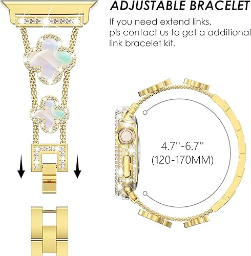 Miniatura 6 de Surace Compatible con correas doradas de Apple Watch de 1.575 pulgadas para mujer, joyería de diamantes de imitación de acero inoxidable con funda