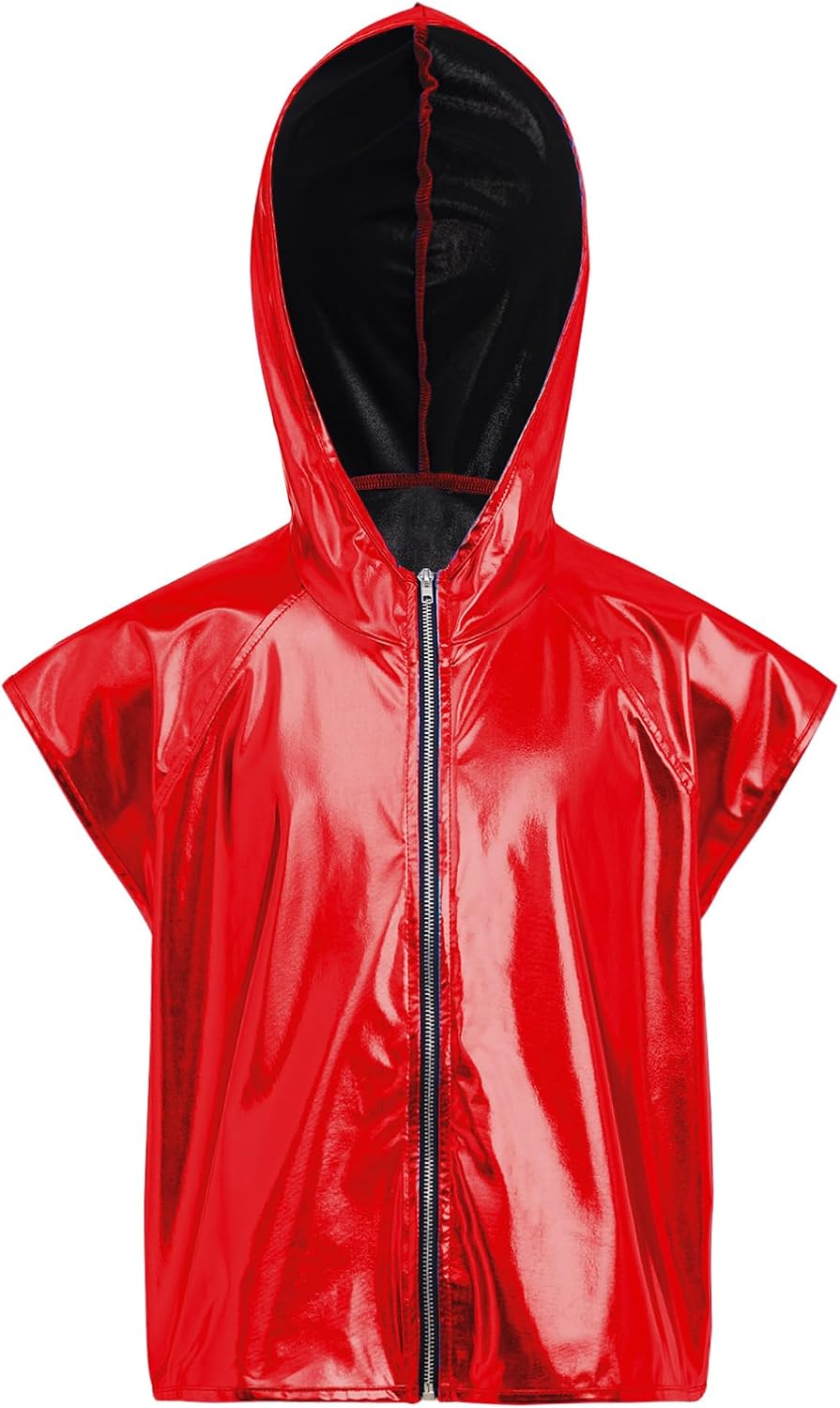 Agoky Kids Girls Metallic Zip Up Hoodie Vest Shiny Sleeveless Jacket Jazz Dance Outfit Disco Party Streetwear